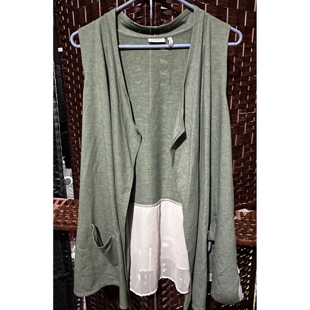 Logo Lori Goldstein Duster Sleeveless‎ A-Lined Olive Green Draped Pockets Size M